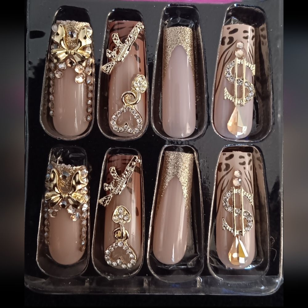 Women's Gold and Brown Animal Print Press-On Long Nails New